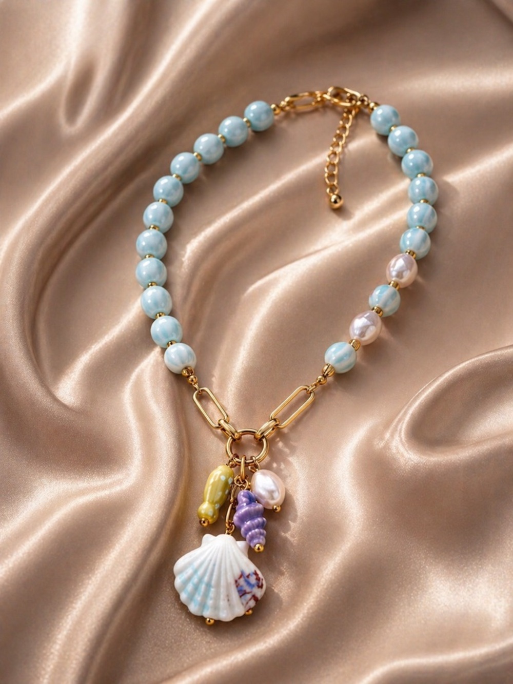 Seashell Blue Beads Gold Chain Beach Style Necklace